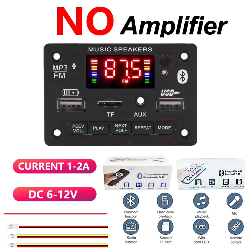 Bluetooth 5.0 DC 12V MP3 Decoder Board Wireless Car MP3 Player USB Handsfree Microphone Recording TF FM Radio Power Off Memory