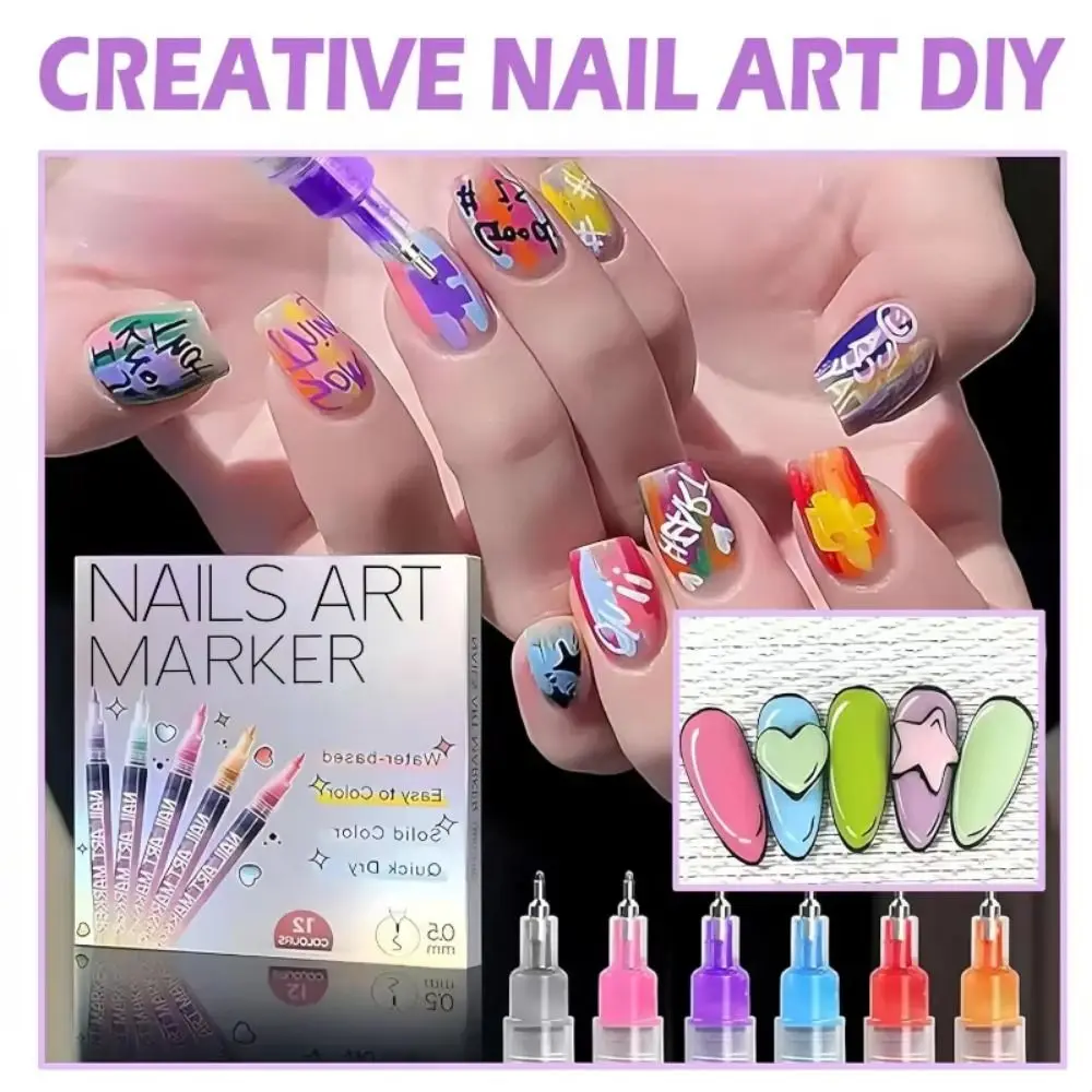 

12 Colors 3D Nail Art Pens DIY Set Abstract 0.5/0.7 MM Tip DIY Nail Art Nail Marker Quick-Drying Portable Painting Liner Brush