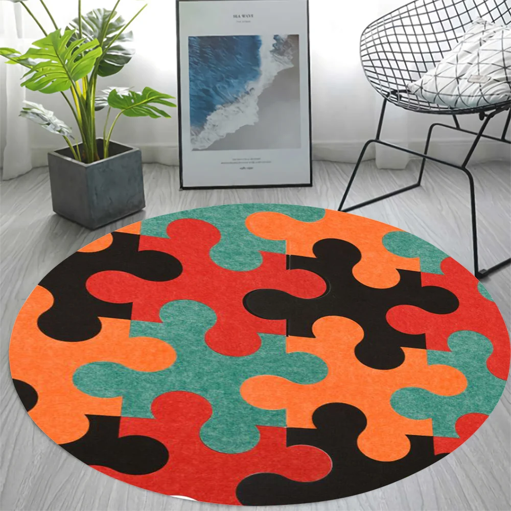 CLOOCL Flannel Round Carpet Color  Puzzle Pattern Rug Home Decor for Living Room Bedroom Creative Unique Design Anti-slip Rug