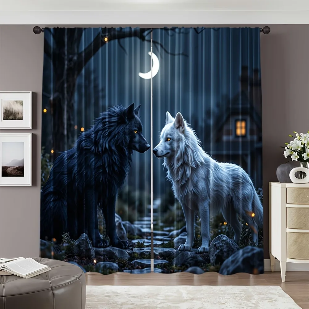 2PCS Digital Printed Curtains, Two Wolves Night Moon Wildlife Animal, Window Treatments for Living Room Bedroom Home Decoration