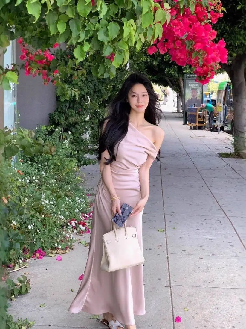 Elegant Pure Color Spring Summer Women's Dress Slant Shoulder Halter Neck Waist Cinch Fish Tail Wrap Long Gown Formal Ins Trend