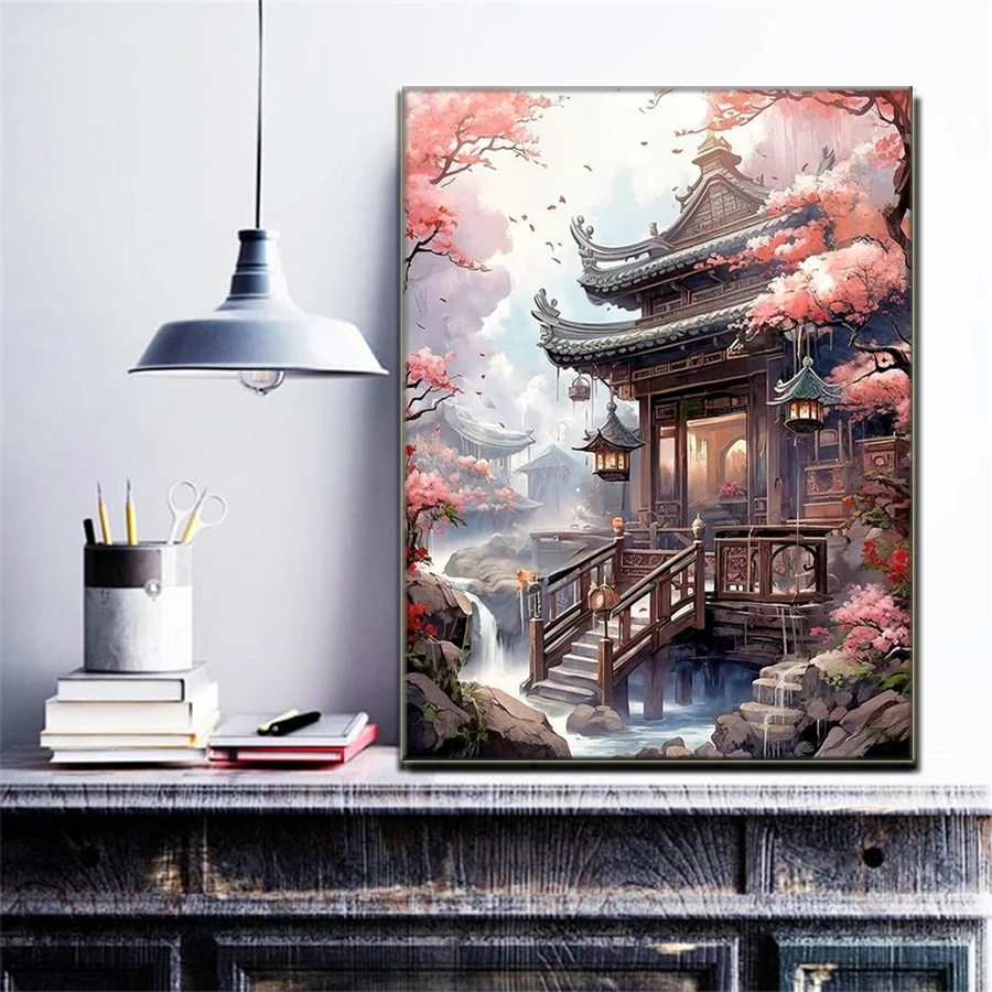 DIY Landscape diamond painting full drill Pattern Cross Stitch Pink Sakura Temple 5D DIY diamond embroidery mosaic handmade gift