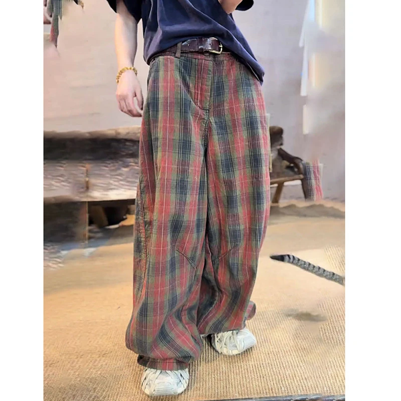

Korean Style 2025 New Arrival Summer Women Fashion Full Length Pants Casual Loose Zipper Fly Waist Plaid Wide Leg Pants T131