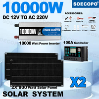 SOECOPO 10000W Solar System Kit DC 12V - AC 110V/220V Inverter 2*800w Solar Panel 100A Controller Camping USB 5V/1.5A