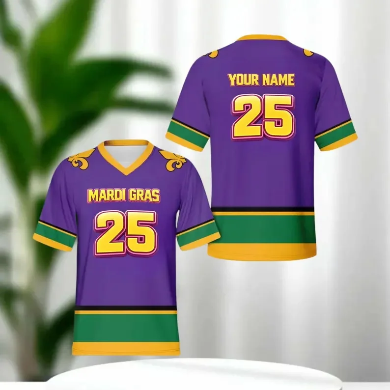 Personalized Name Mardi Gras Football Team Jersey For Men Women Custom Short Sleeve V Neck Fat Tuesday Football Tshirt Top