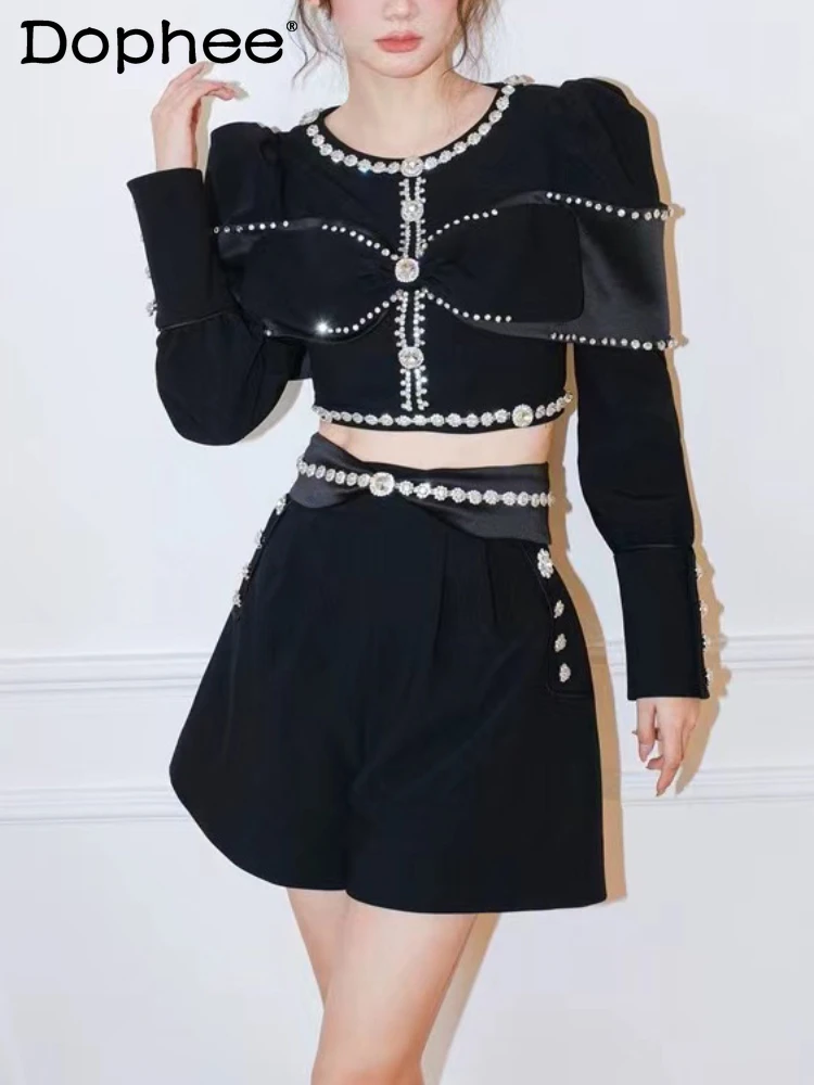 

High Waist Black Skirt Suit 2023 Spring Autumn Diamond Heavy Industry Bow Mesh Beads Short Coat Two Piece Sets Womens Outifits