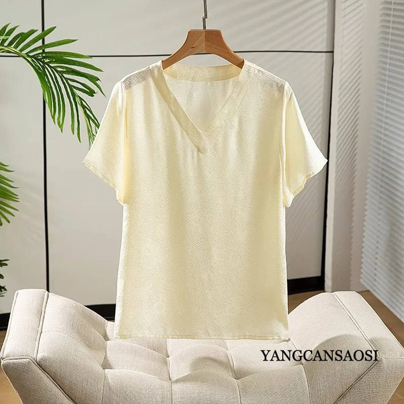 Commuter Style 100% Natural Mulberry Silk Hangluo V-neck Loose Short Sleeved Champagne Solid Color Women's Casual T-shirt