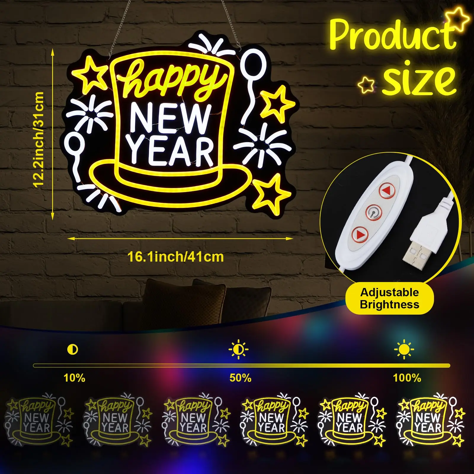 سنة جديدة سعيدة النيون ضوء USB بالطاقة LED سنة جديدة سعيدة النيون تسجيل لغرفة النوم جدار ديكور 2026 حفلة مهرجان الربيع #3