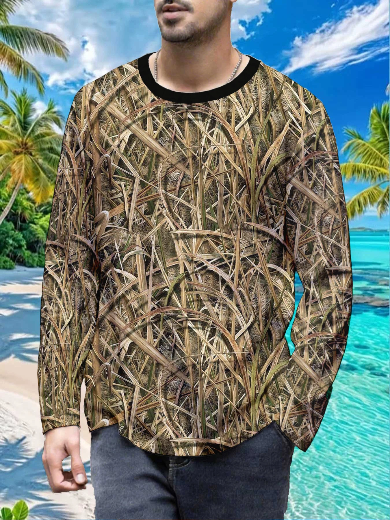 Fall Winter Dry Grass Hunting Camo Mens Polyester Long Sleeve T Shirt Dried Straw Grass Print Graphic Tee Outdoor Casual Breatha