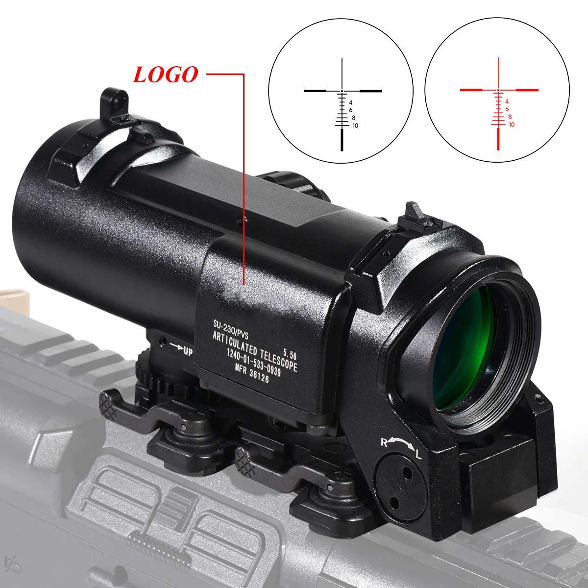 1x-4x Optics Magnifier Fixed Dual Purpose Rifle Scope with Red Illuminated Reticle Tactical Rifle Airsoft Sight Quick Detachable