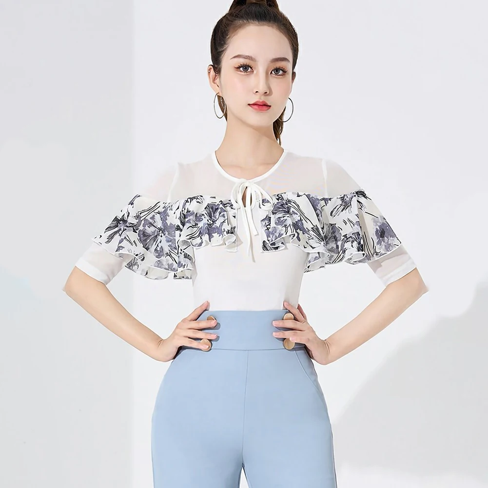 

Latin Line Dance Tops Ruffles Women's New Prom Tops Short Sleeve Printed Practice Clothes White New Practice Clothes