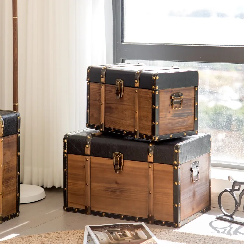 For wooden box with lock Pirate decoration Treasure box Solid wood leather box Display Window photography prop