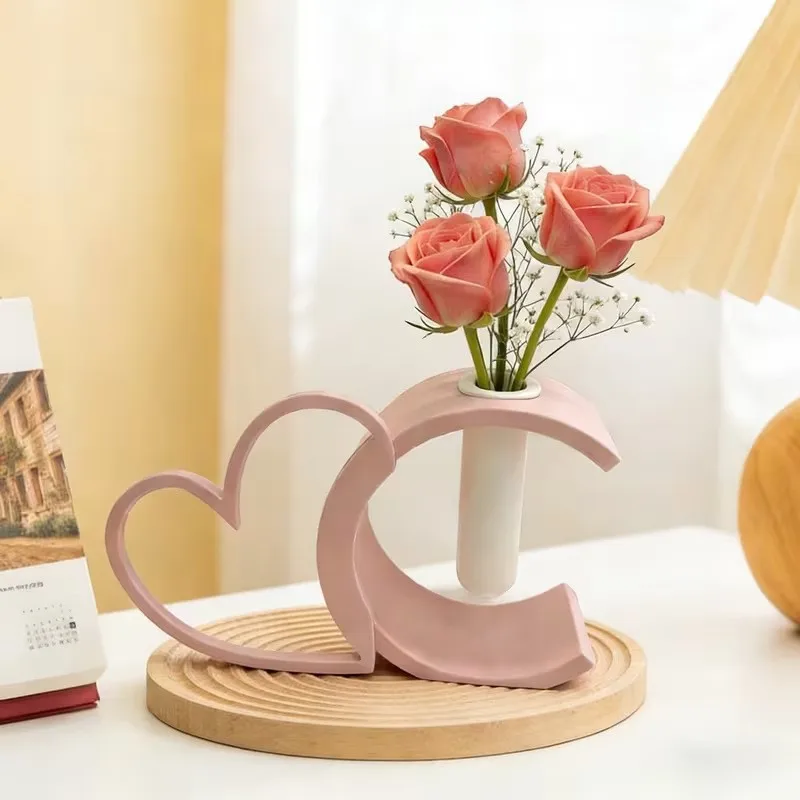 3D Printing Pink Heart C Shaped Vase with Test Tube Planter Modern Minimalist Floral Container for Home Desk Decor