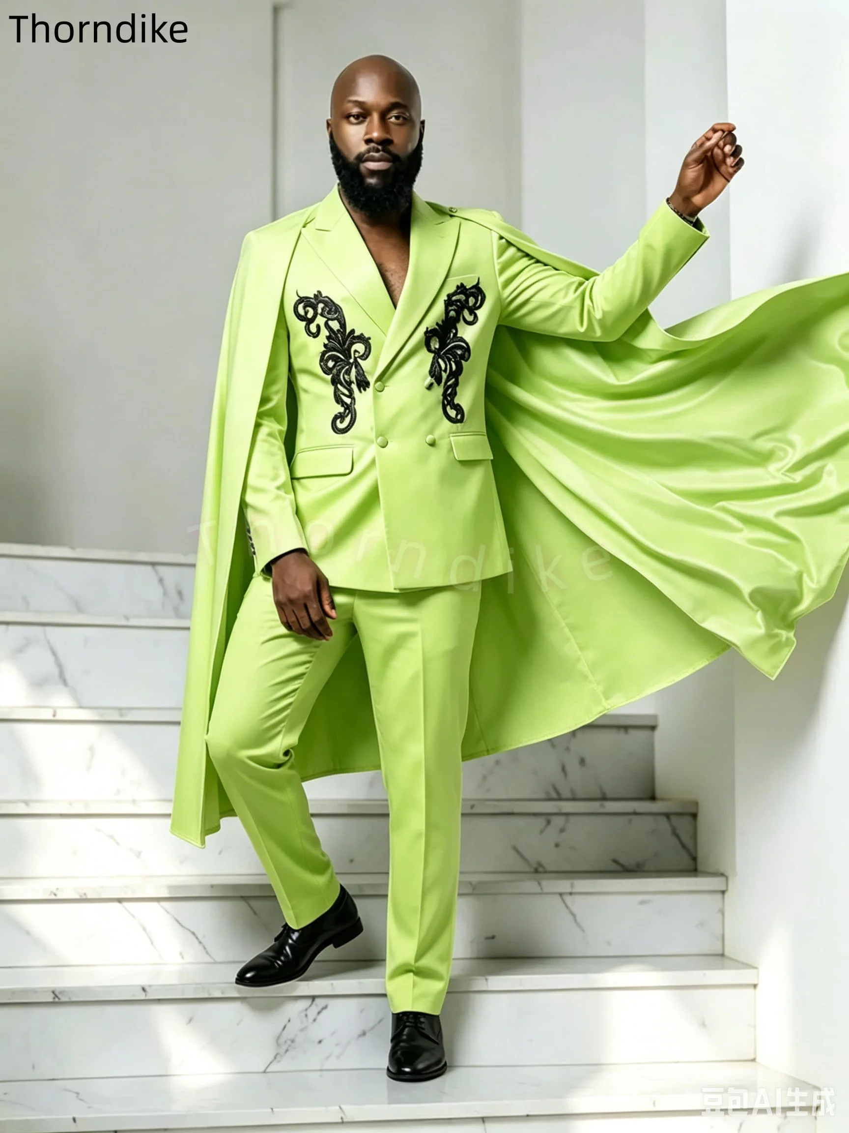 Thorndike Exquisite fluoreszierende grüne Anzüge für Herren für Hochzeit, schwarzer Blazer mit Perlenapplikationen, Abschlussball-Blazer + Hose + Umhang, maßgeschneiderter Smoking – Detail 17