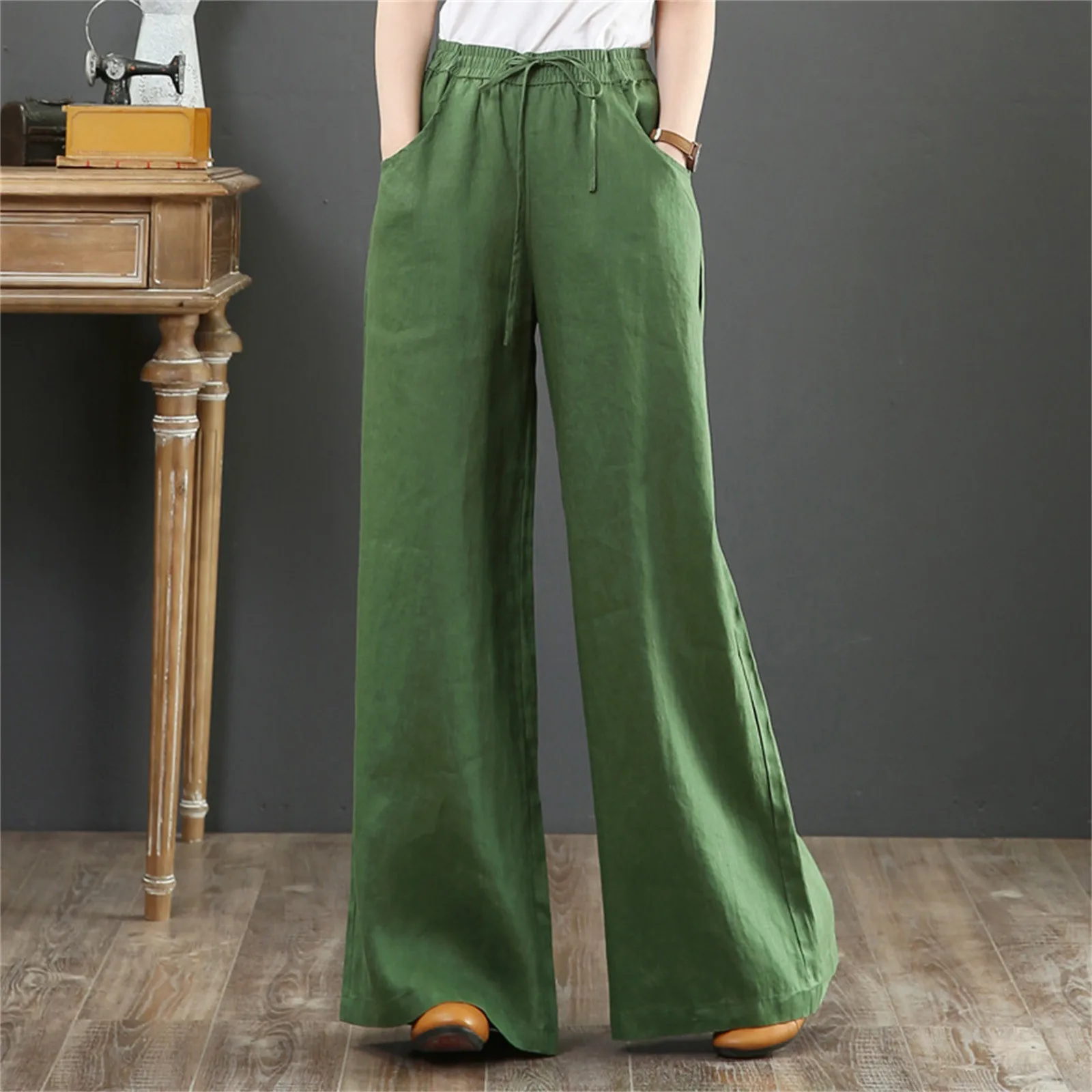 Pantalon d'été taille haute pour femme, poche palappeals, jambe large, longue proximité, wstring, décontracté, coton, lin, élastique, streetwear, fjwear