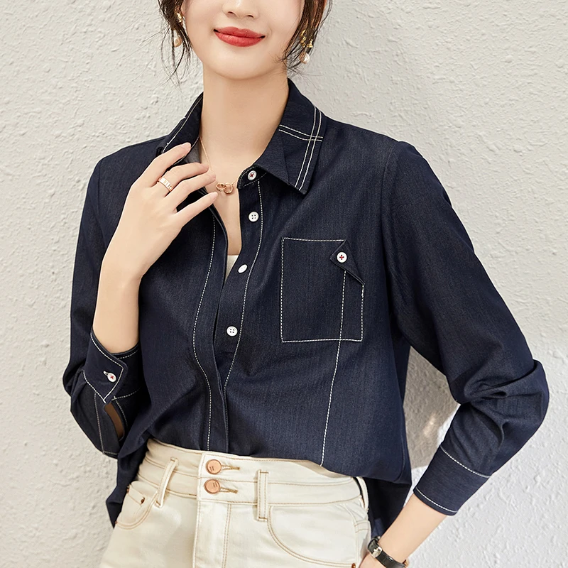 

Casual Shirts For Women 2024 Spring Fashion Blouses Turn-down Collar Long Sleeve Women's Blouse Loose Tops Woman Denim Shirt