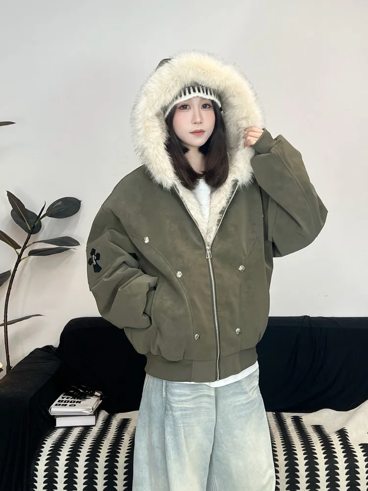 

Утепленная хлопковая куртка с капюшоном и меховым воротником в стиле милитари для женщин, зимняя теплая повседневная свободная молодежная модель