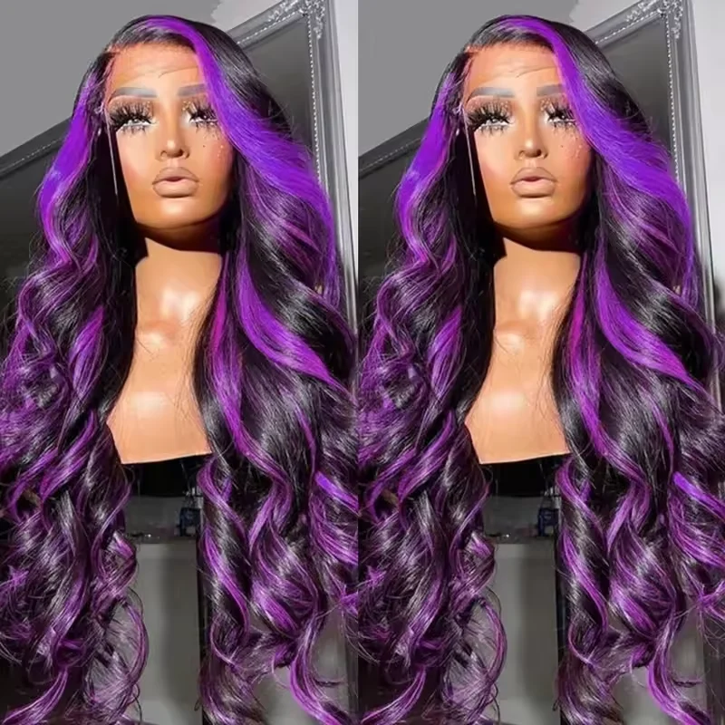 220% Density Ombre Purple Highlight Body Wave 13x6 HD Lace Front Wig Human Hair Waves Dark Purple 13x4 Lace Frontal Wigs For Women