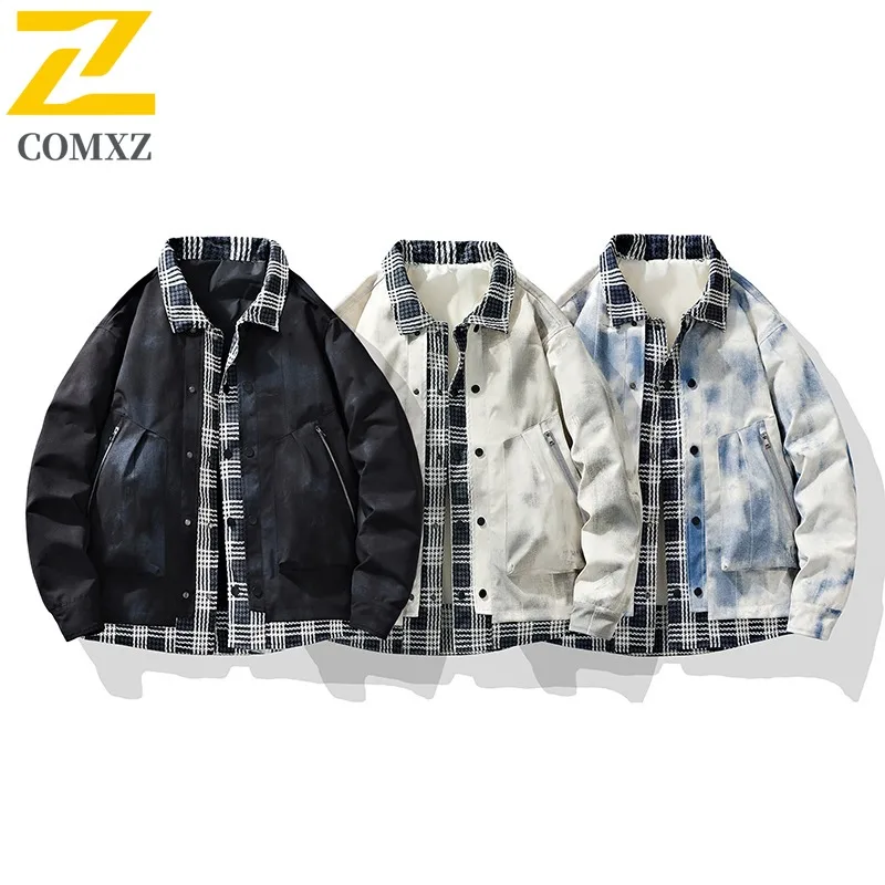 

COMXZ 2025 Spring New Fake Two Piece color block Plaid Denim Jacket Men American Loose Fit Tie Dye Casual Versatile windbreaker