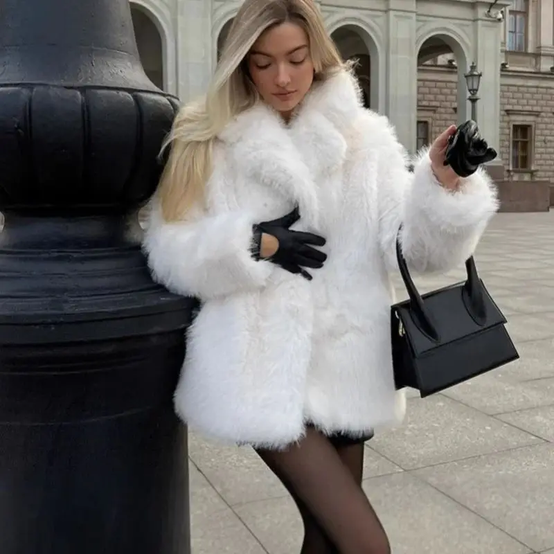 معطف فرو نسائي متوسط الطول صديق للبيئة دافئ للخريف والشتاء، ياقة مثل الثعلب، ياقة أنيقة ومريحة #5