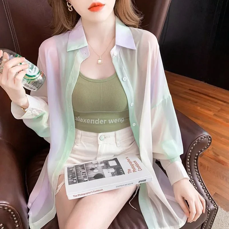 Women's Long Sleeve Top Sweet Sheer Casual Shirts And Blouses Gradient Rainbow All-Match Basic Shirt Loose Jacket Korean Outwear