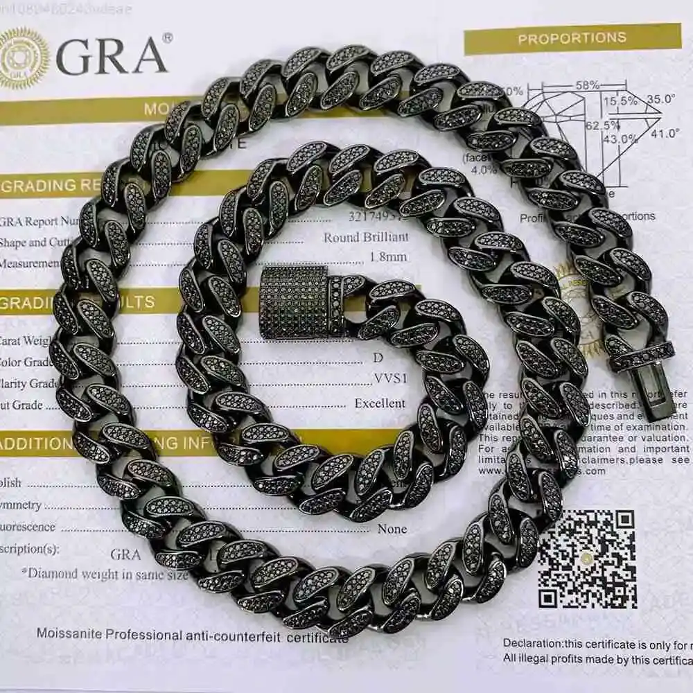 

Hiphop Black Moissanite Cuban Chain 925 Sterling Silver 12mm Iced Out Pass Diamond Tester Moissanite Cuban Chain