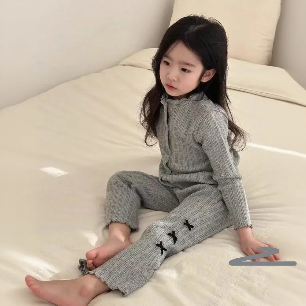 

Two-piece Set 2025 Autumn Gray Long Sleeved Kids Clothes Girls Korean Version Solid Color Cardigan Top + Bow Decoration Pants