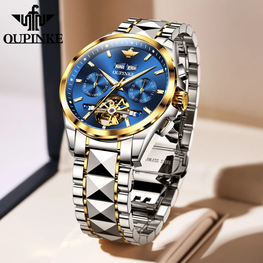 OUPINKE 3290 Automatic Multi functional Hollow Men Watch Luxury Business Waterproof Original Tungsten Steel Men Mechanical Watch