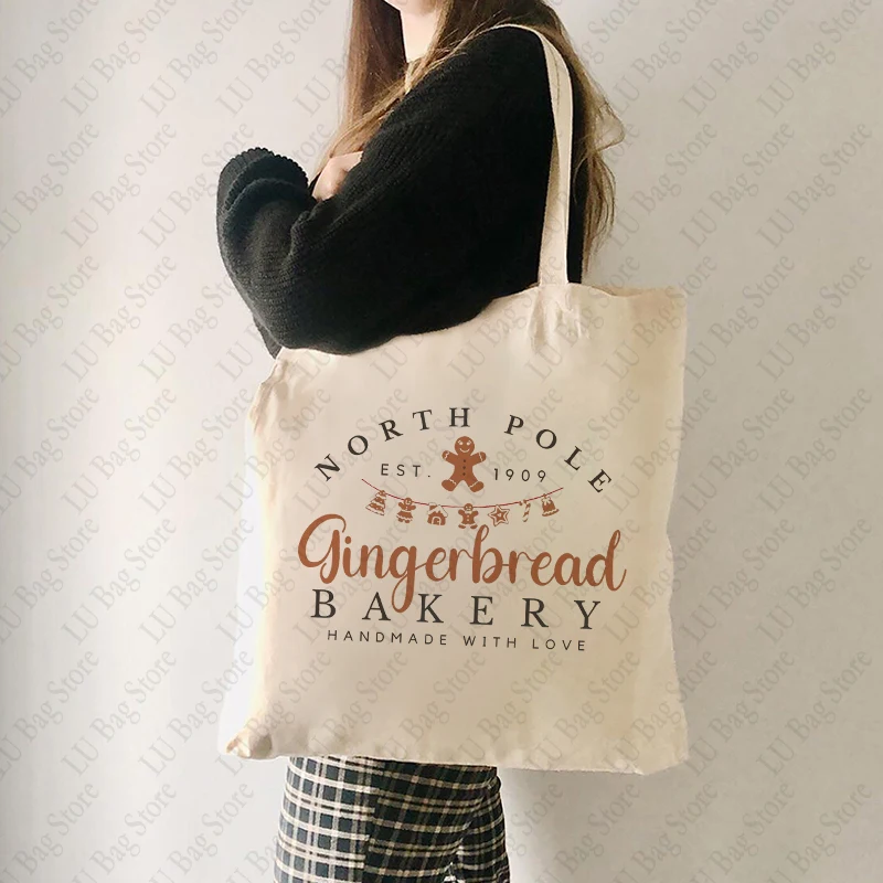 Gingerbread Bakery Xmas Christmas Gift Tote Bag Canvas Shoulder Bags for Travel Daily Commuting Women's Reusable Shopping Bag