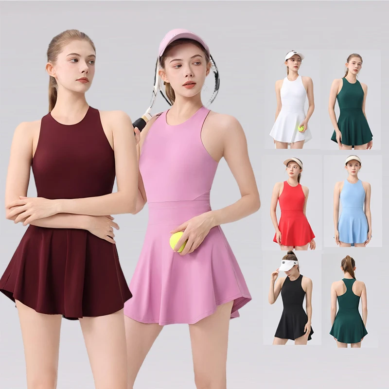 

New Solid Color Women Workout Tennis Mini Dress Sleeveless Slim Yoga Dress Ladies Quick-dry Backless Sports Skirts with Short