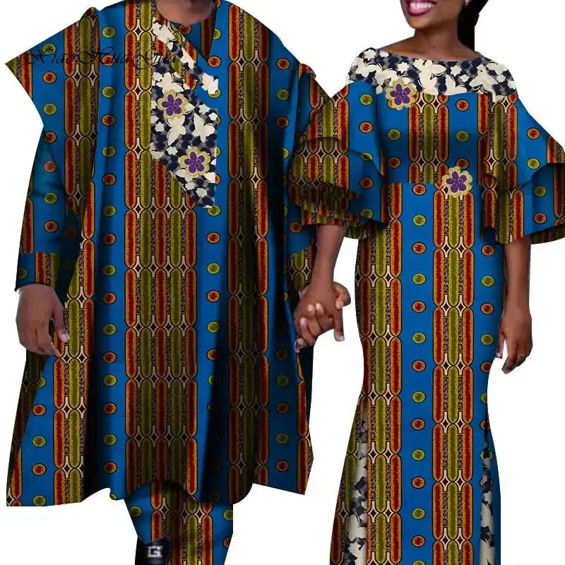 African Couple Matching Clothes Dresses Shirt and Pants Men 3 Pieces Sets Women Long Maxi Dress Couples African Clothes WYQ434