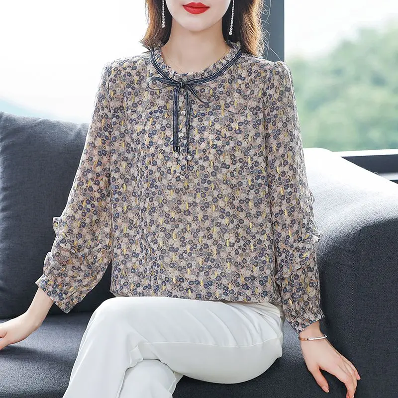 Autumn Women's New Fashion Elegant Print Lace Up Button Wooden Ear Edge Casual Comfort Versatile Long Sleeve Loose Shirt Tops