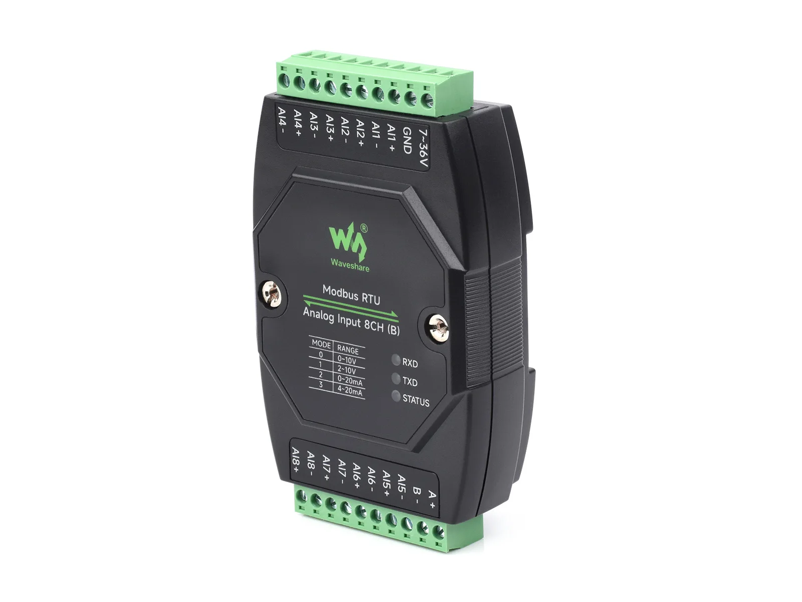 Waveshare Industrial 8-Ch Analog Acquisition Module, 12-bit High-precision, DC 7~36V Wide Voltage, Modbus RTU Protocol