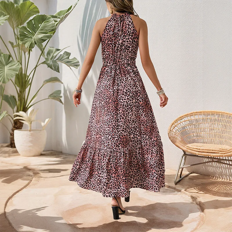 우아한 Boho 여성 여름 긴 드레스 섹시한 휴가 해변 Sundress 홀터 나비 레오파드 인쇄 오프 어깨 맥시 드레스