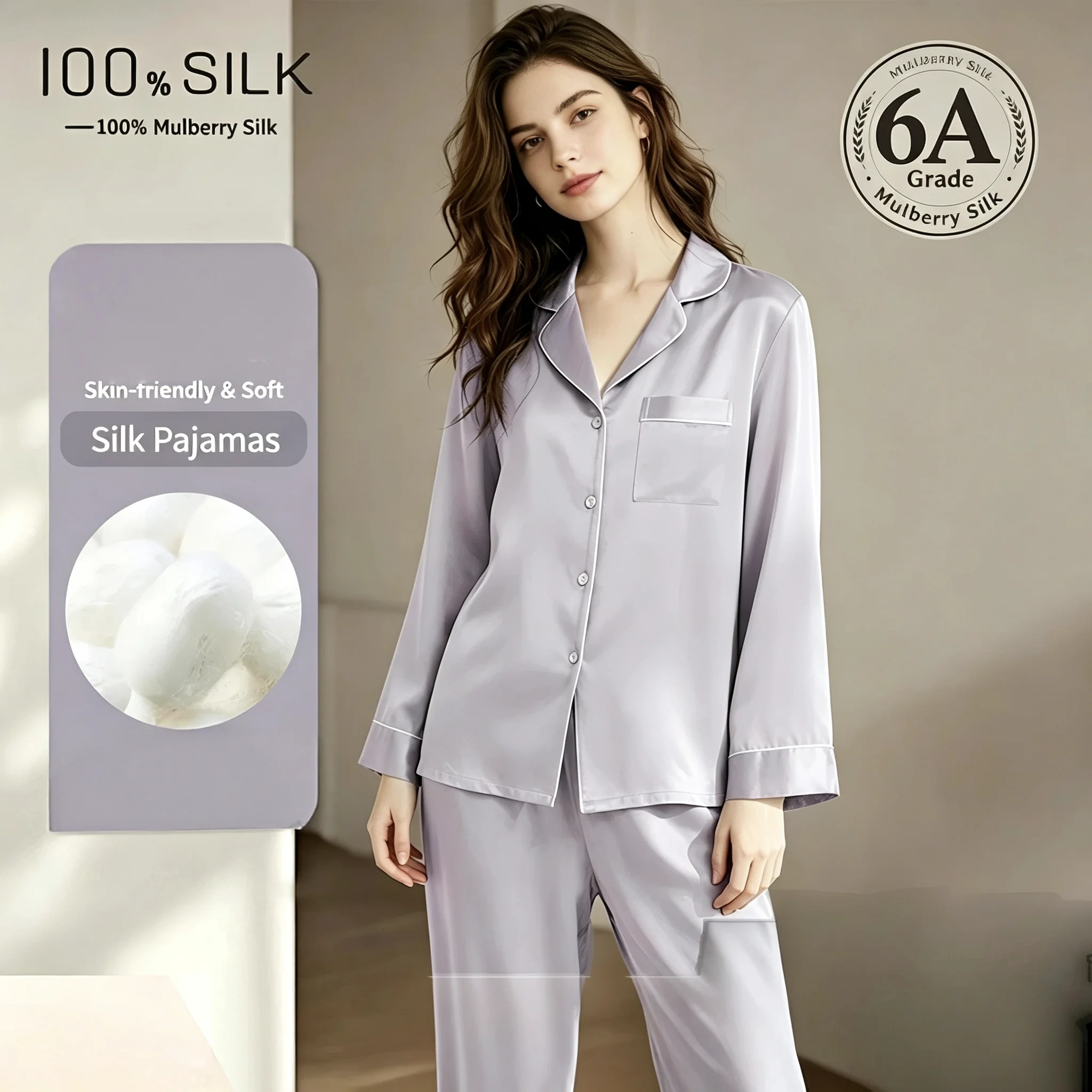 Women 100% Mulberry Silk Pajama Set 19 Momme Long Sleeve Long Pants Notch Collar Piping 2 Piece Sleepwear Homewear