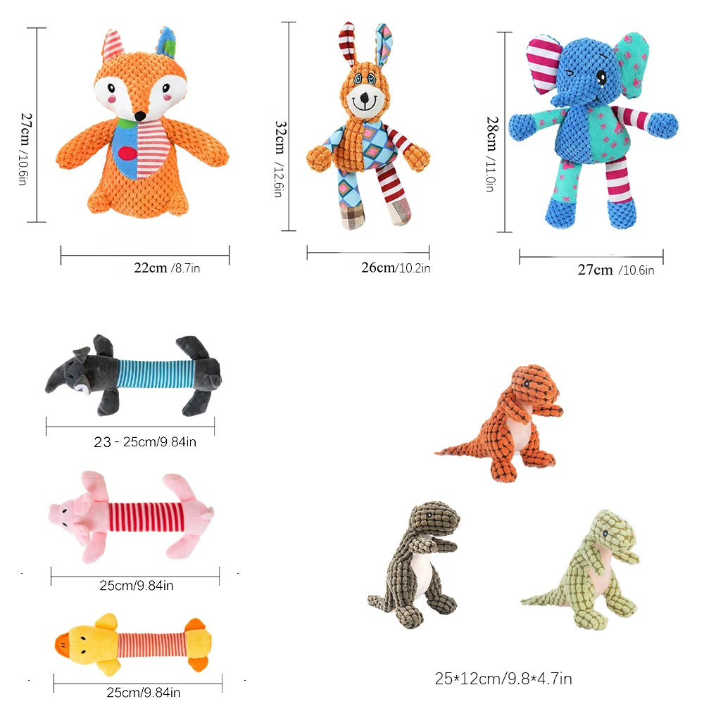 Juego de juguetes de peluche duraderos para mascotas, lindo zorro y elefante chirriante con diseño a prueba de masticar para perros pequeños, alivio del aburrimiento
