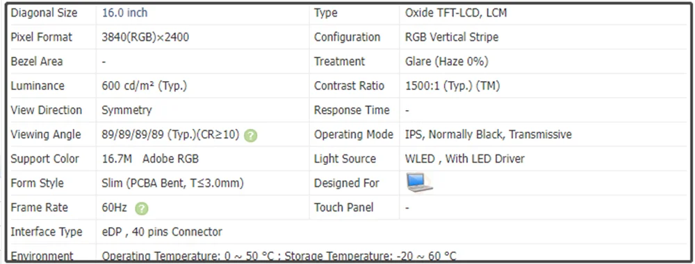 LP160UQ1-SPB1 LP160UQ1 SPB1 16 Inch Laptop LCD IPS Screen Panel EDP 40pins 3840x2400 60Hz 45% NTSC 600 cd/m² (Typ.)