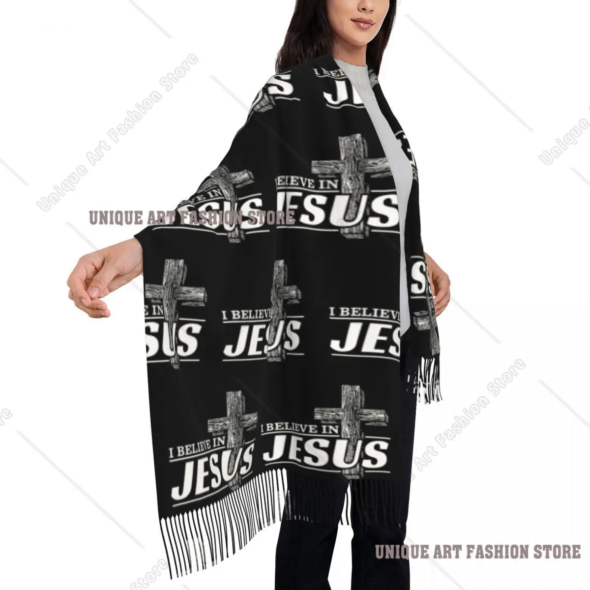 カスタムレディロング「イエス・キリストを信じる」スカーフ、女性用冬秋厚手暖かいタッセルショールラップ、キリスト教信仰スカーフ