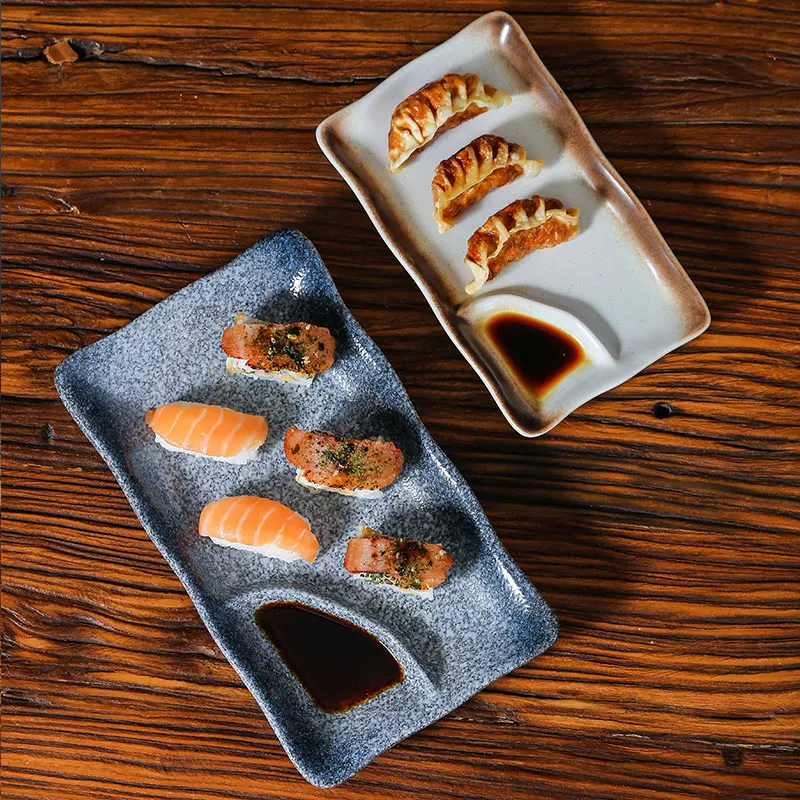 Japanese Style Ceramic Dumpling Plates 2 Grids Sauce Sushi Rectangular Dishes Home Western Restaurant Fried Snack Tableware Cafe