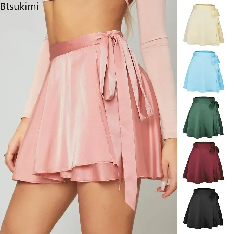 New 2025 Women's Summer Casual Skirt with Belt Chiffon Satin Surface One-piece Type High Waist Skirt Women Elegant A-line Skirt