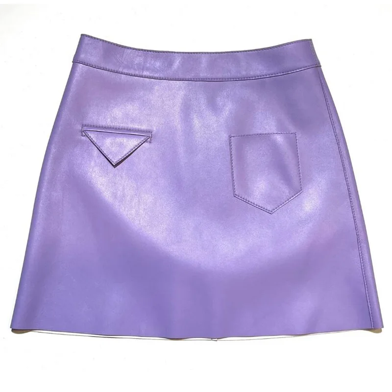 Real Leather Sexy Mini Skirt Women 2023 Spring South Korean Fashion High Waist Buttons Retro A-line Skirt Poket