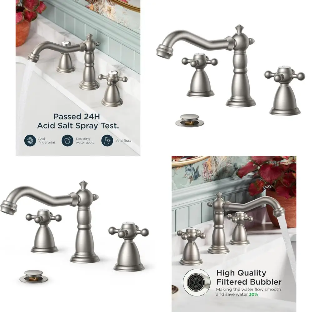 

3 Hole Brushed Nickel Bathroom Sink Faucet with 2 Cross Handles, 8 Widespread Antique Brass Style for RV Vanity, Farmhouse, Incl