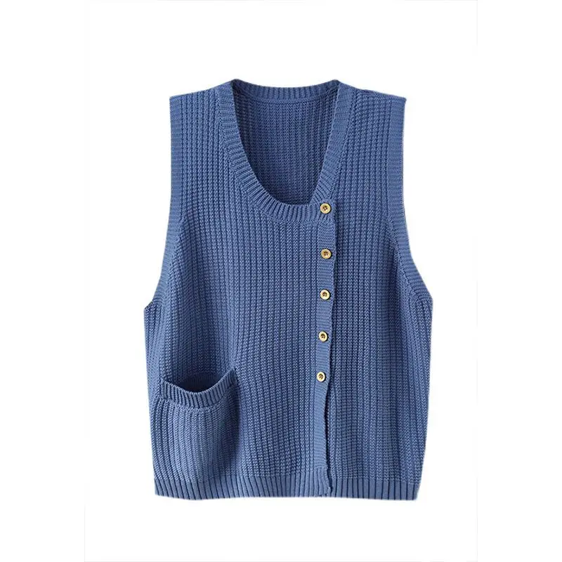 Retro Round Neck Vest Women\'s Spring and Autumn 2023 New Loose Solid Large Cardigan Sleeveless Knitted Tank Top