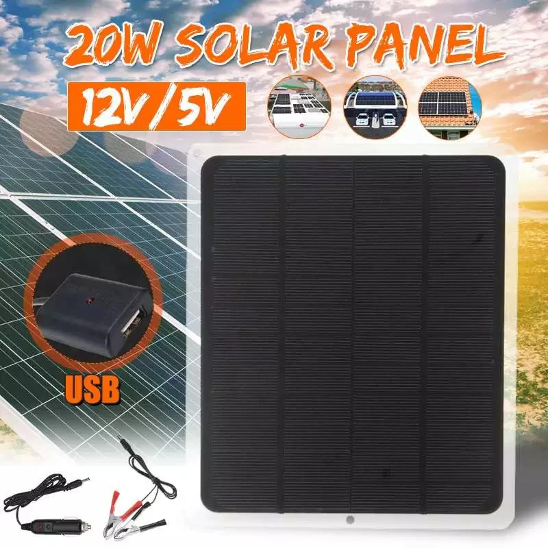 20W Solar Panel With USB Waterproof Outdoor Hiking And Camping Portable Battery Mobile Phone Charging Bank Charging Panel 12V