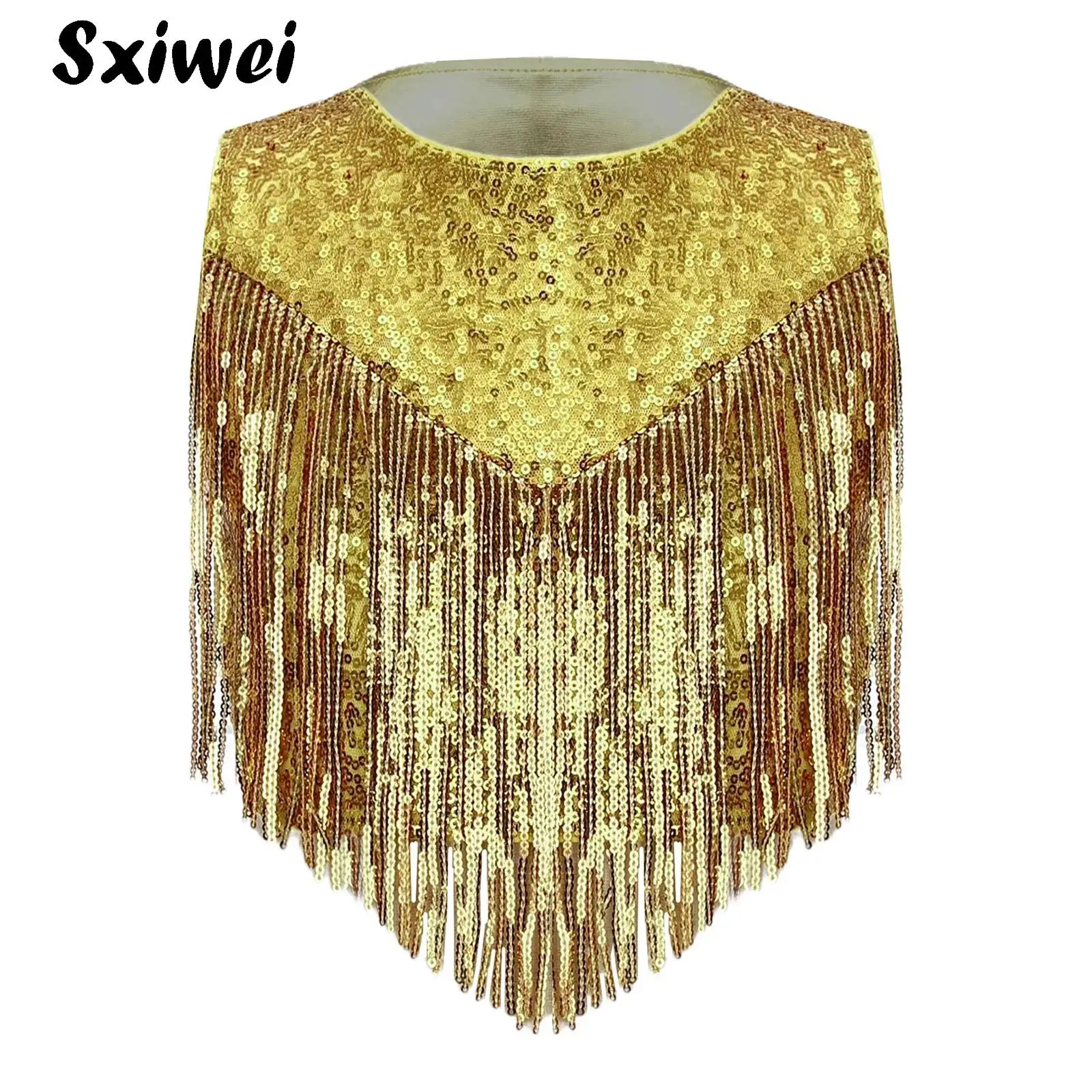 Girls Shiny 70S Disco Crop Top Kids Sleeveless Sequins Tassels Fringe Vest Tank Tops Halloween Party Performances Jazz Dancewear