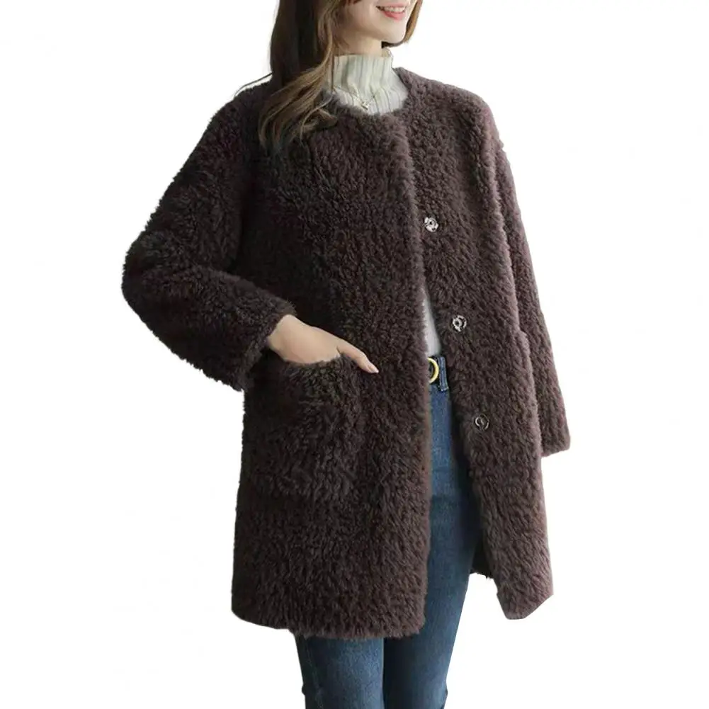 Women Plush Coat Women Jacket Stylish Plush Winter Coat with Single Breasted Design Pockets Mid-length Imitation Fur for Women