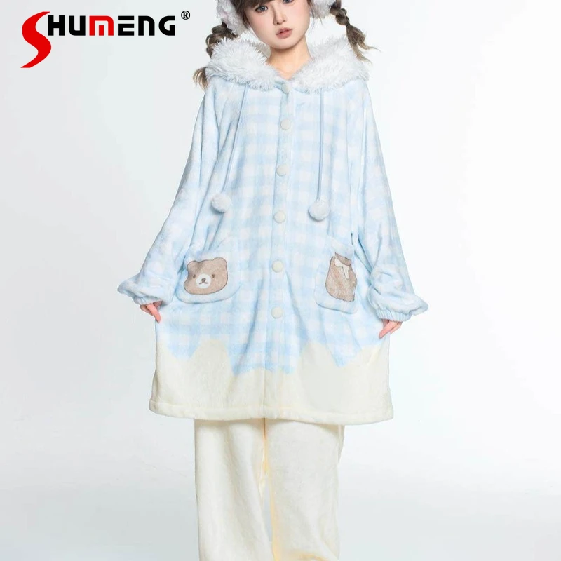 

Autumn Winter Plaid Pajamas for Women Long Sleeve Plush Cute Cartoon Print Sleep Set Female Loose Hooded Loungewear Suits