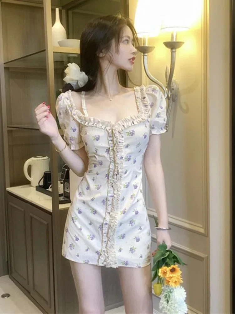 

Y2k Summer Woman Dress 2023 Vestidos De Mujer Slim Waist Square Collar Short Sleeve Floral Sweet Robe Femm Ruffled Sweet Dresses