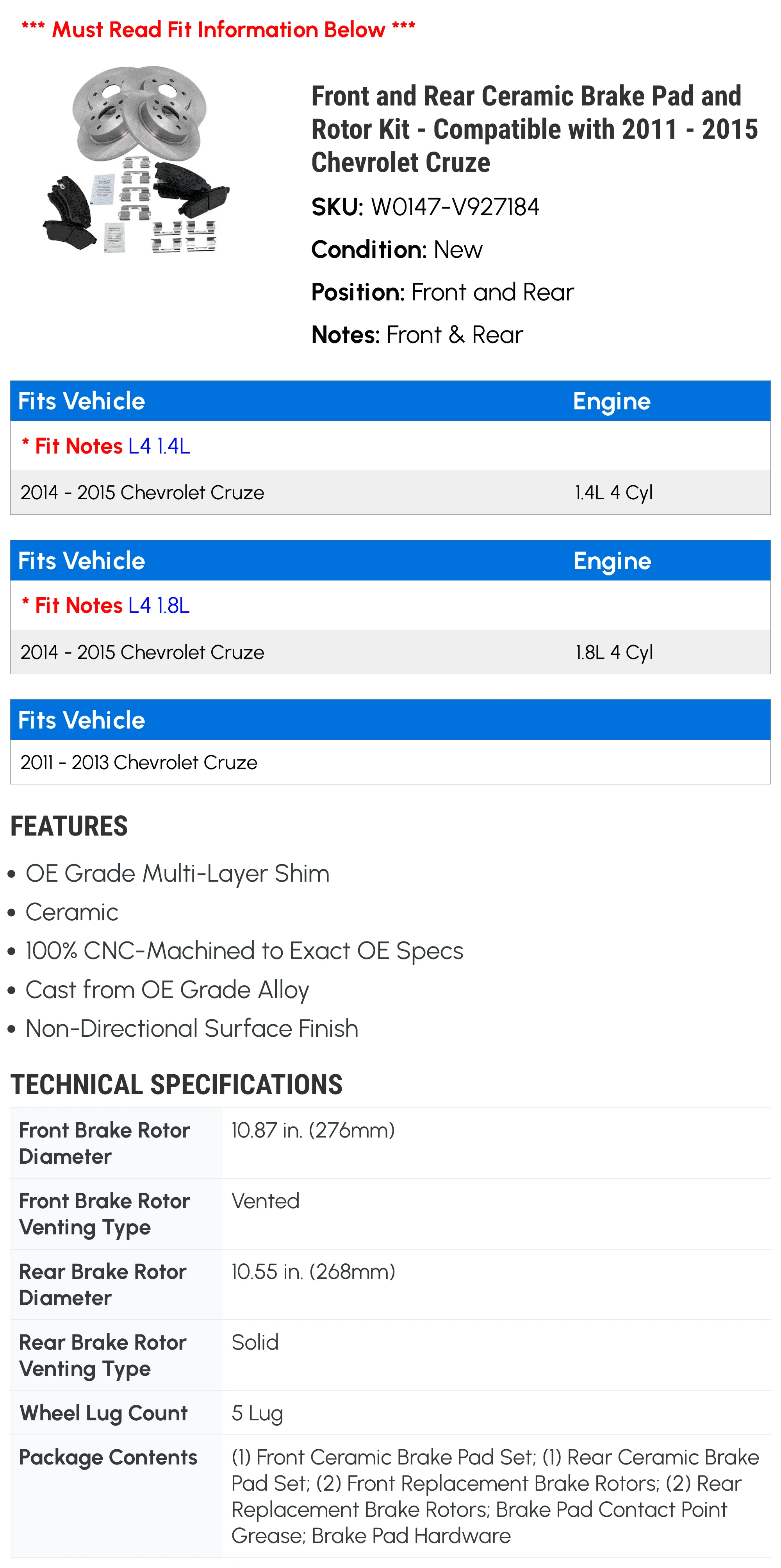 フロントおよびリアセラミックブレーキパッドとローターキット - 2011～2015年式シボレークルーズ2012 2013 2014に対応