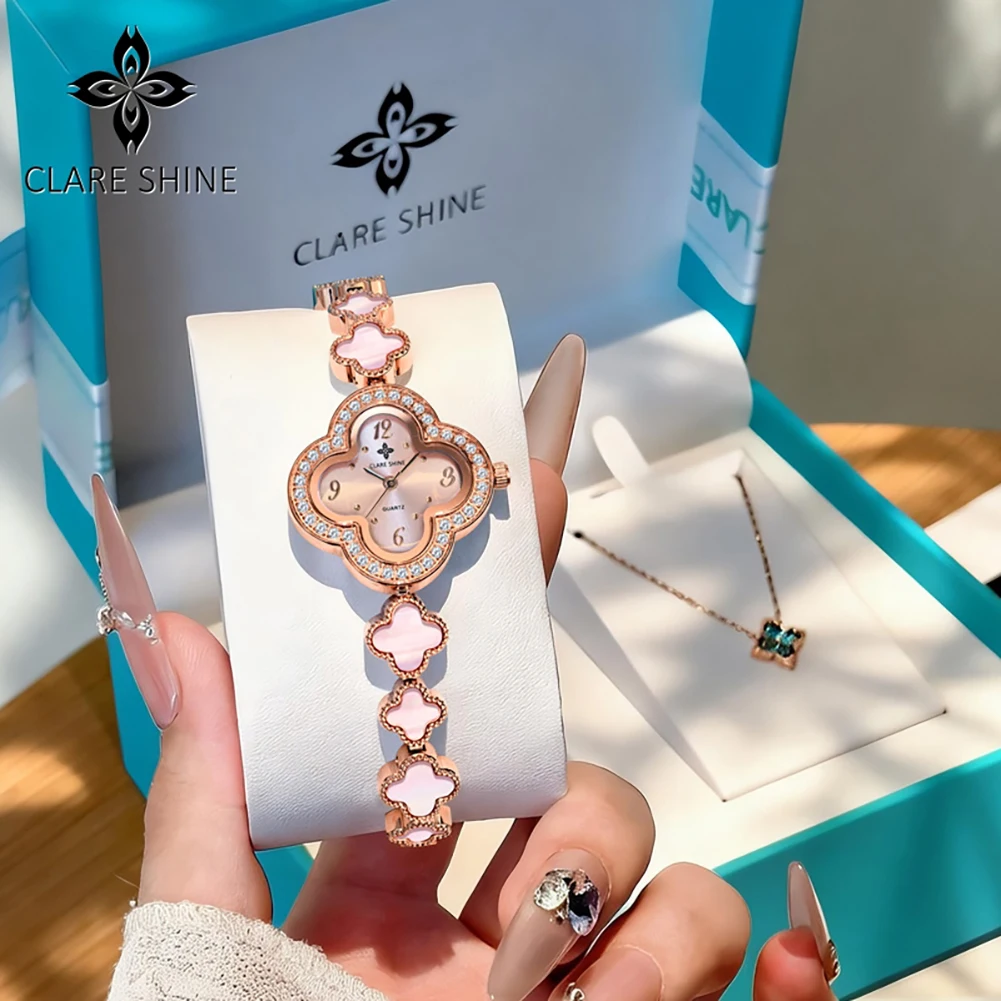 

Женские часы CLARE SHINE 7702, элегантные, импортные, кварцевые, водонепроницаемые, с указателем даты, в комплекте с браслетом, циферблат с четырехлистным клевером.